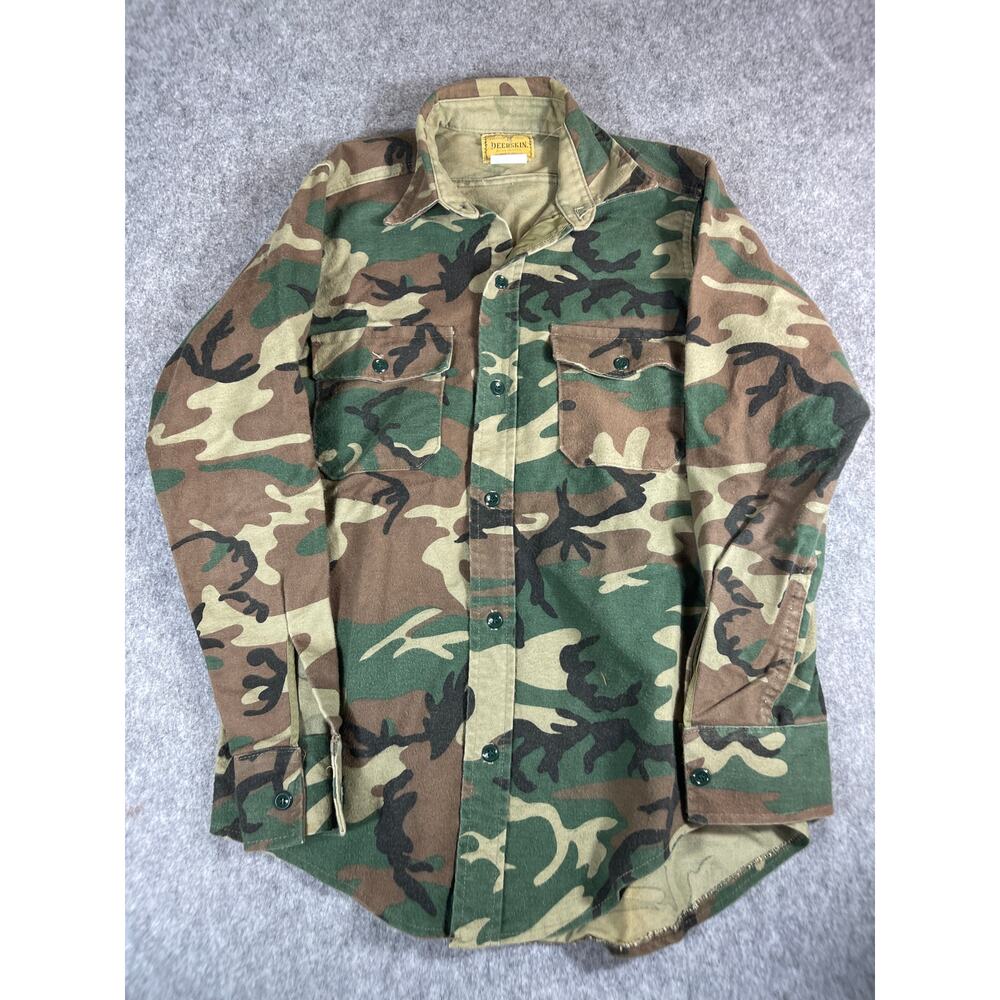 Vintage 90s Melton Deerskin Camo Button Up Shirt Mens Medium Green Brown Hunting